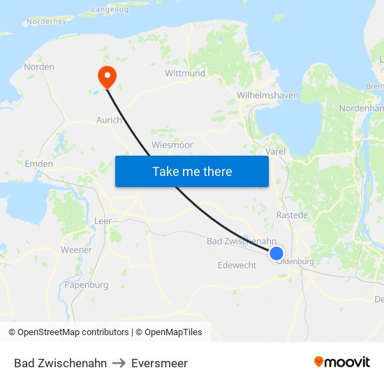 Bad Zwischenahn to Eversmeer map