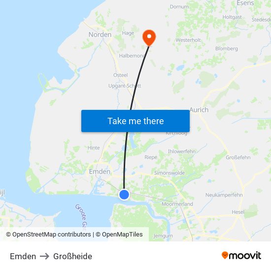 Emden to Großheide map