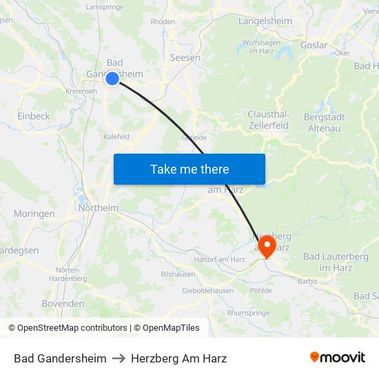 Bad Gandersheim to Herzberg Am Harz map