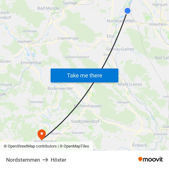 Nordstemmen to Höxter map