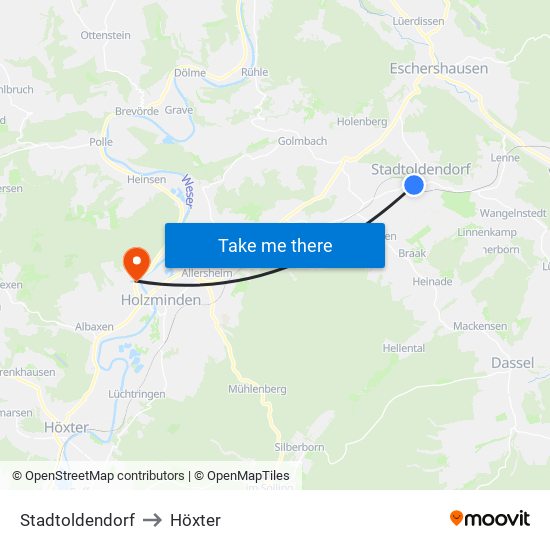 Stadtoldendorf to Höxter map