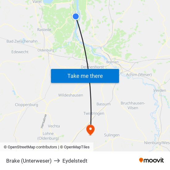 Brake (Unterweser) to Eydelstedt map