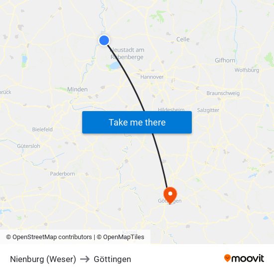 Nienburg (Weser) to Göttingen map