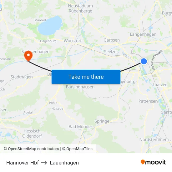 Hannover Hbf to Lauenhagen map