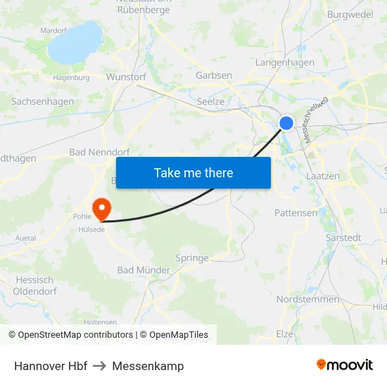 Hannover Hbf to Messenkamp map