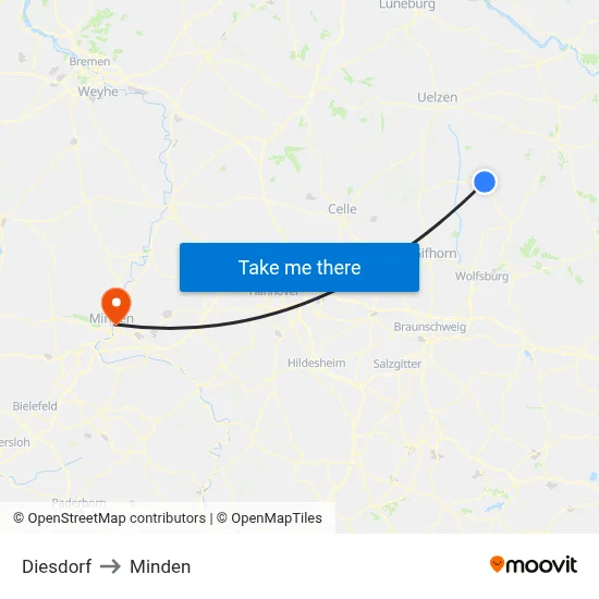 Diesdorf to Minden map