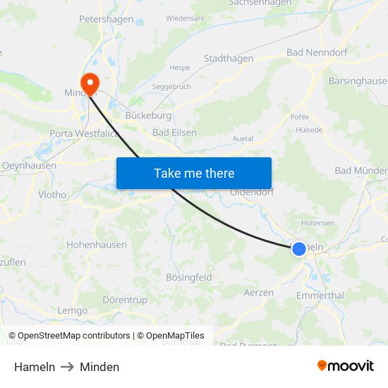 Hameln to Minden map