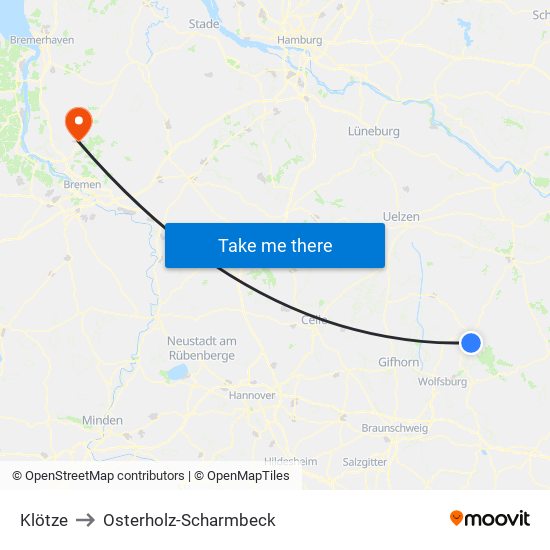 Klötze to Osterholz-Scharmbeck map