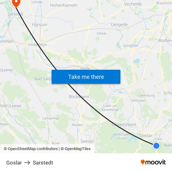 Goslar to Sarstedt map