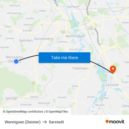 Wennigsen (Deister) to Sarstedt map