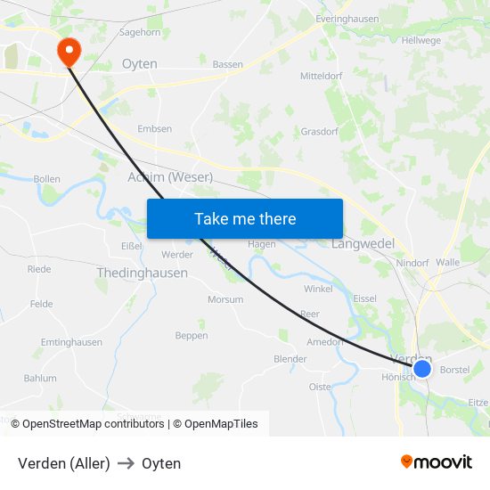 Verden (Aller) to Oyten map