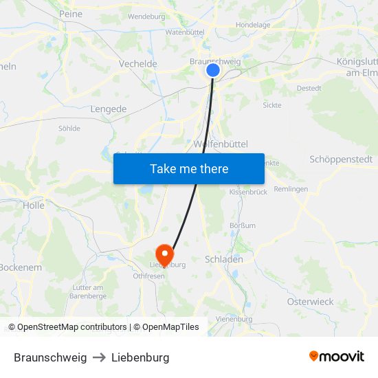 Braunschweig to Liebenburg map