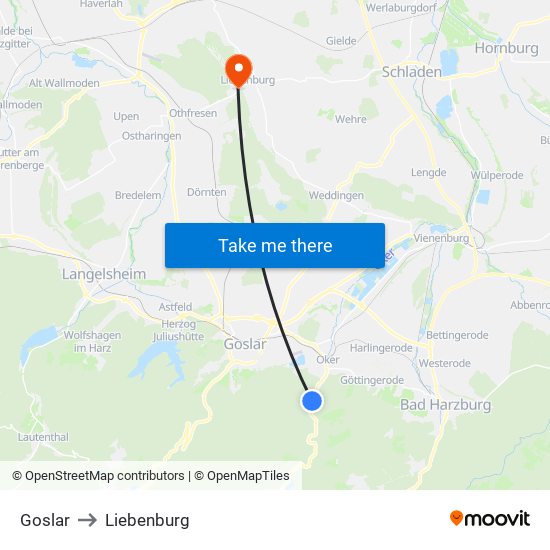 Goslar to Liebenburg map