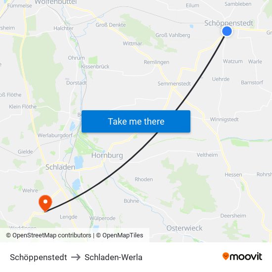 Schöppenstedt to Schladen-Werla map