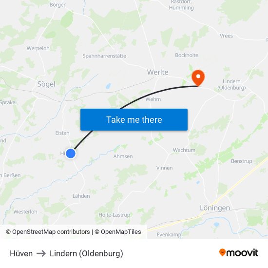 Hüven to Lindern (Oldenburg) map