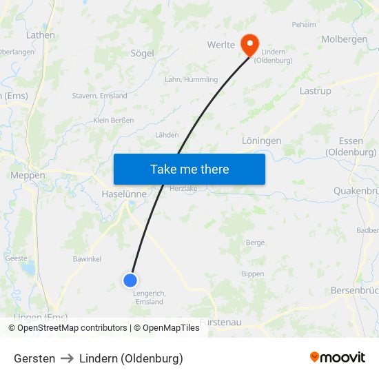 Gersten to Lindern (Oldenburg) map
