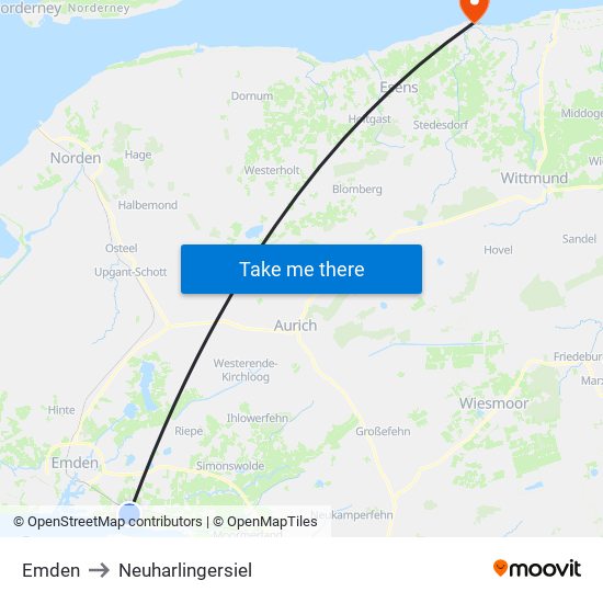 Emden to Neuharlingersiel map