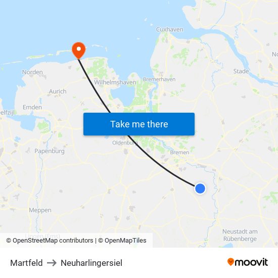 Martfeld to Neuharlingersiel map