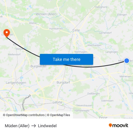 Müden (Aller) to Lindwedel map