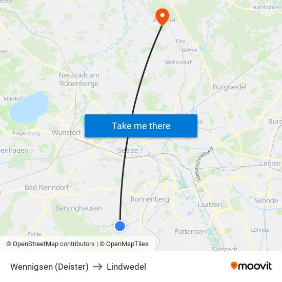 Wennigsen (Deister) to Lindwedel map