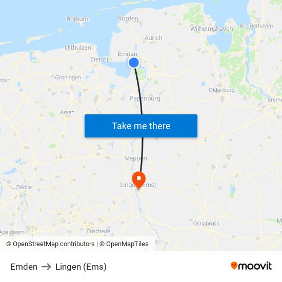 Emden to Lingen (Ems) map