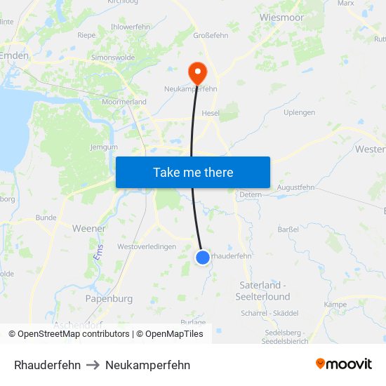 Rhauderfehn to Neukamperfehn map