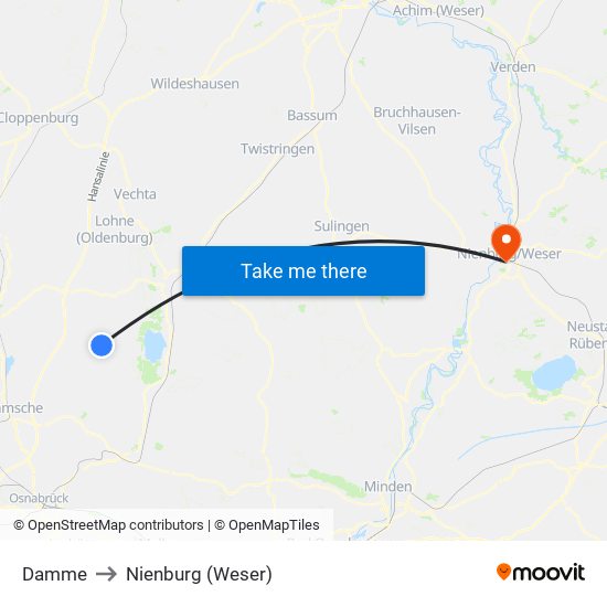 Damme to Nienburg (Weser) map