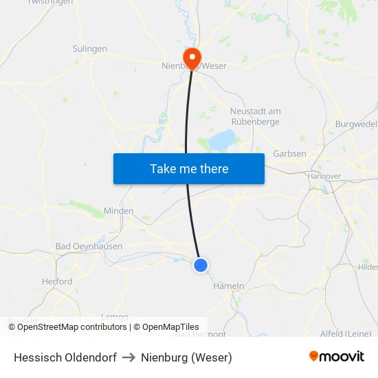 Hessisch Oldendorf to Nienburg (Weser) map