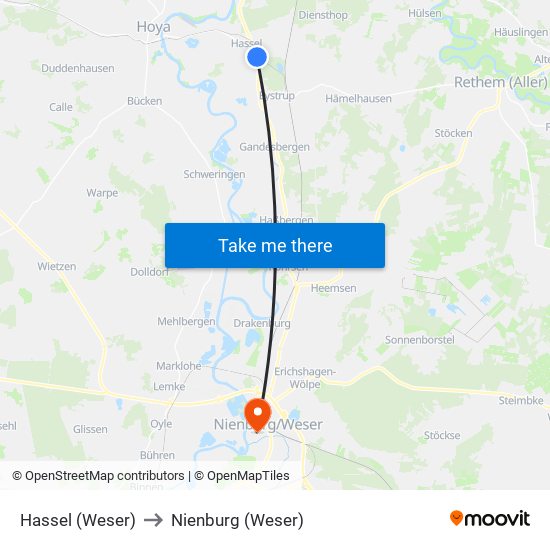 Hassel (Weser) to Nienburg (Weser) map