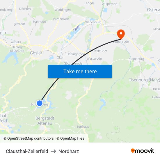 Clausthal-Zellerfeld to Nordharz map