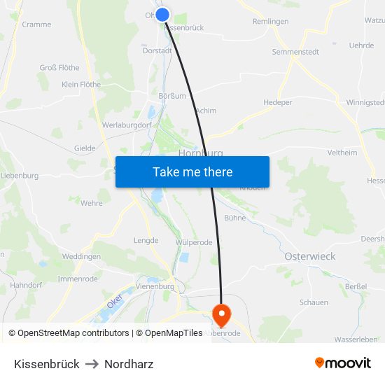 Kissenbrück to Nordharz map