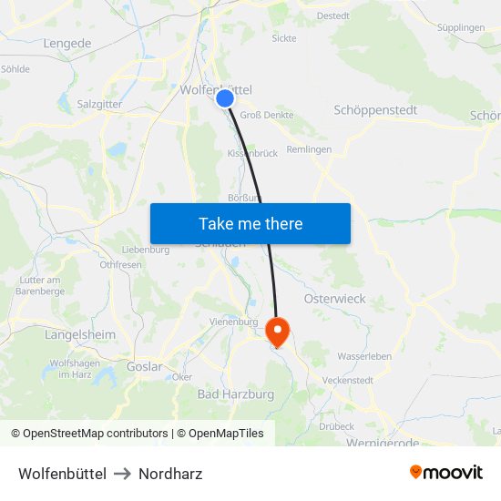 Wolfenbüttel to Nordharz map