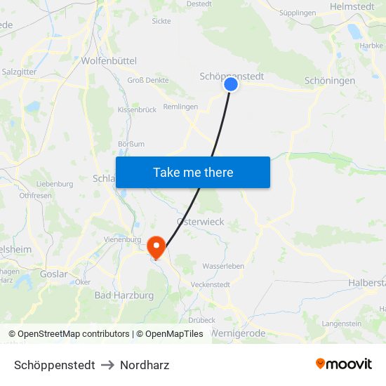 Schöppenstedt to Nordharz map