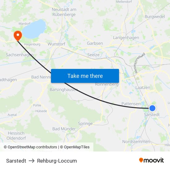 Sarstedt to Rehburg-Loccum map