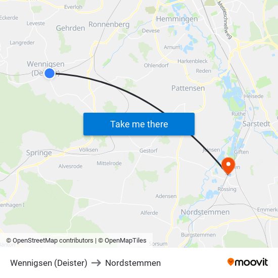 Wennigsen (Deister) to Nordstemmen map