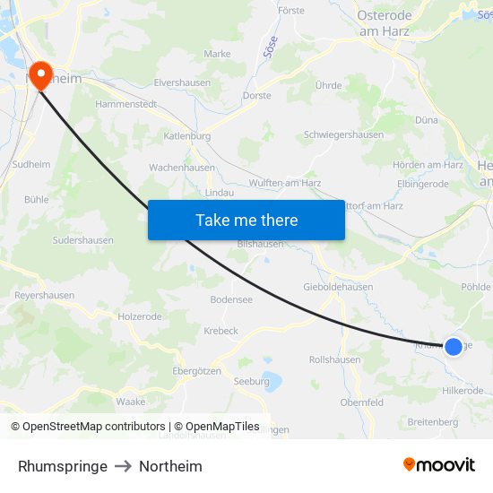 Rhumspringe to Northeim map