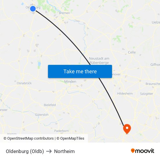 Oldenburg (Oldb) to Northeim map