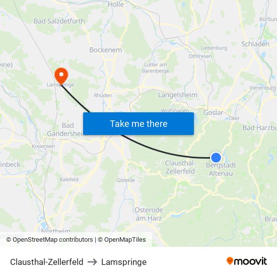 Clausthal-Zellerfeld to Lamspringe map