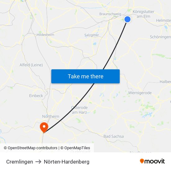 Cremlingen to Nörten-Hardenberg map