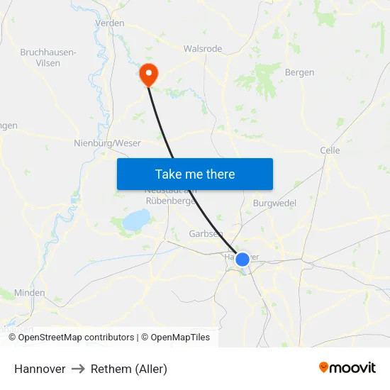 Hannover to Rethem (Aller) map