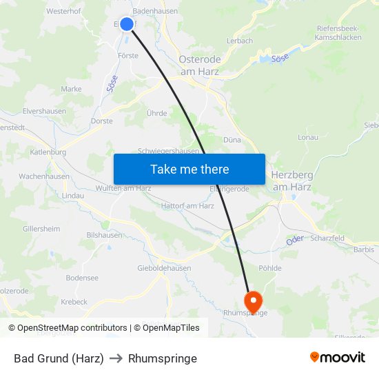 Bad Grund (Harz) to Rhumspringe map