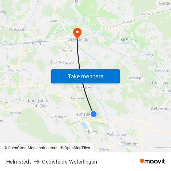 Helmstedt to Oebisfelde-Weferlingen map