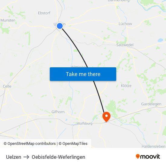 Uelzen to Oebisfelde-Weferlingen map