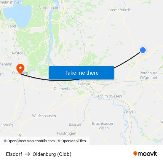 Elsdorf to Oldenburg (Oldb) map