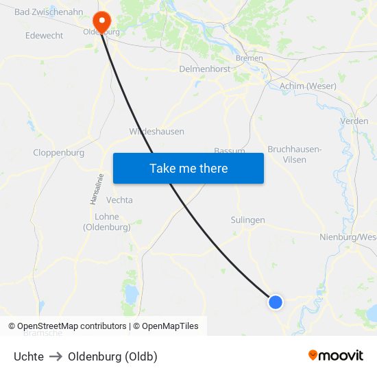 Uchte to Oldenburg (Oldb) map