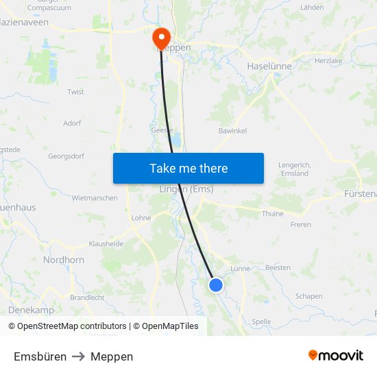 Emsbüren to Meppen map