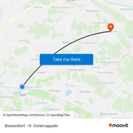 Bissendorf to Ostercappeln map