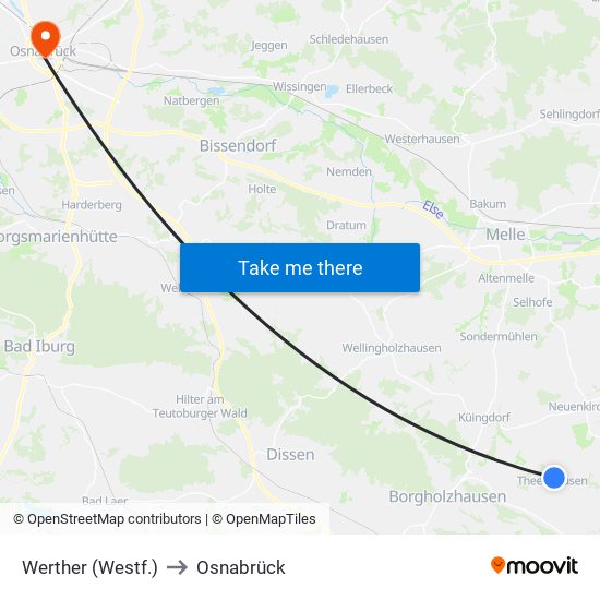 Werther (Westf.) to Osnabrück map