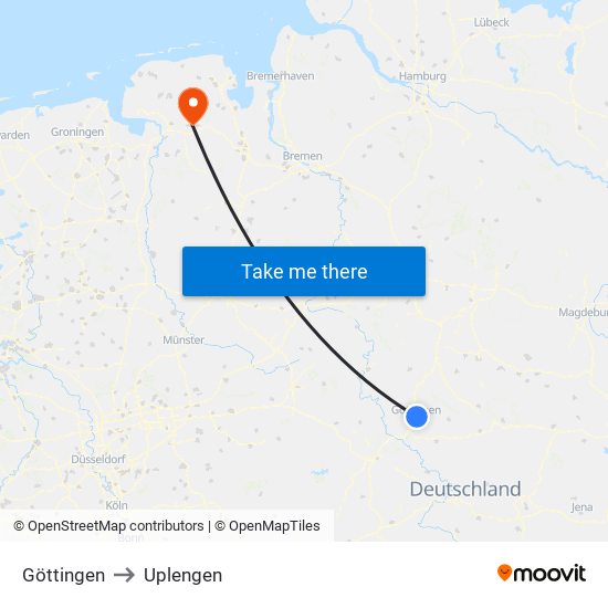 Göttingen to Uplengen map