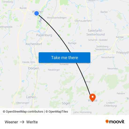 Weener to Werlte map